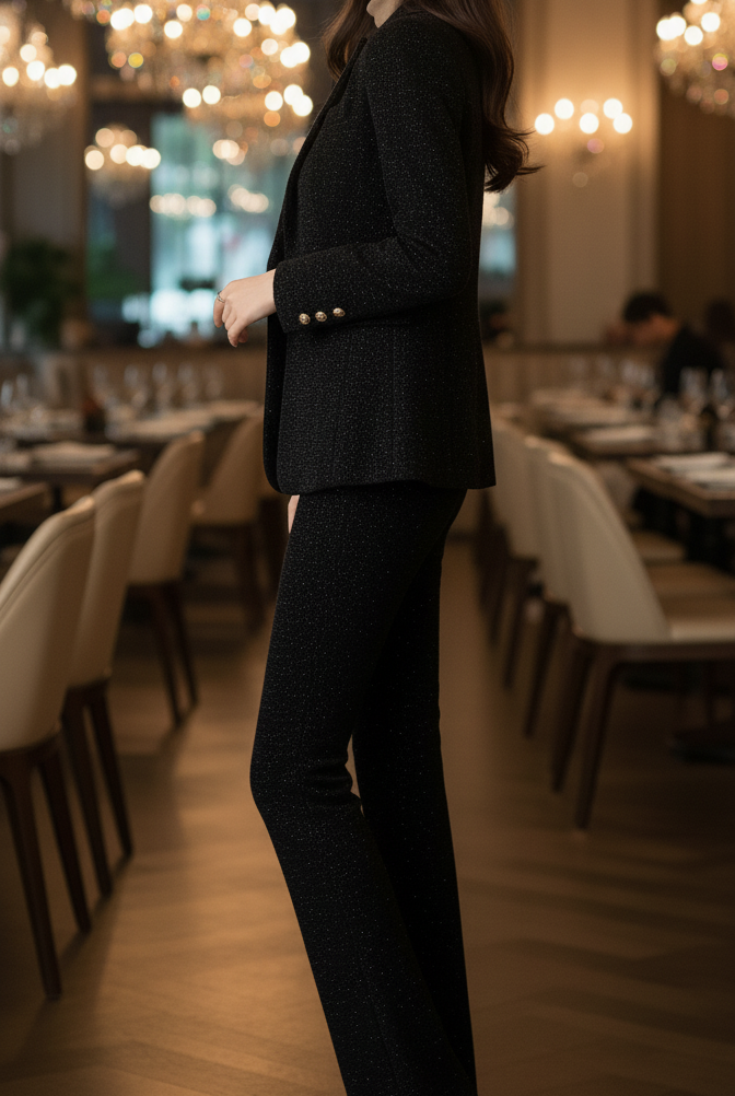 Sienna Midnight Double Breasted Suit set by Lumina Vancouver, featuring a sleek black blazer and matching trousers.