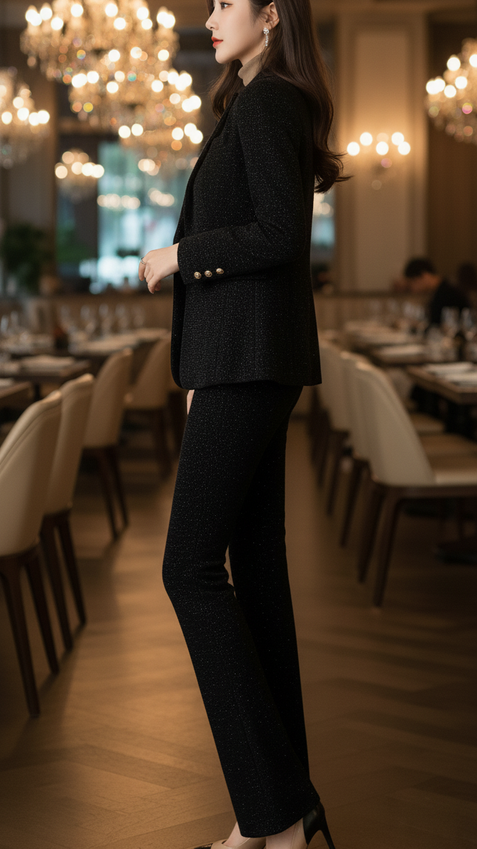 Sienna Midnight Double Breasted Suit set by Lumina Vancouver, featuring a sleek black blazer and matching trousers.