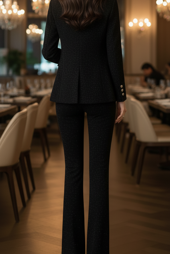 Sienna Midnight Double Breasted Suit set by Lumina Vancouver featuring a tailored black suit with double-breasted jacket and matching trousers.