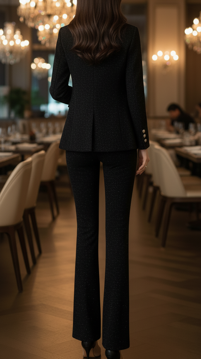 Sienna Midnight Double Breasted Suit set by Lumina Vancouver featuring a tailored black suit with double-breasted jacket and matching trousers.