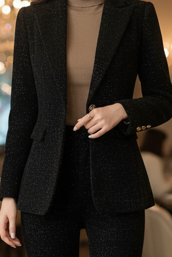 Lumina Vancouver Sienna Midnight double-breasted suit set featuring a stylish black blazer and matching trousers.