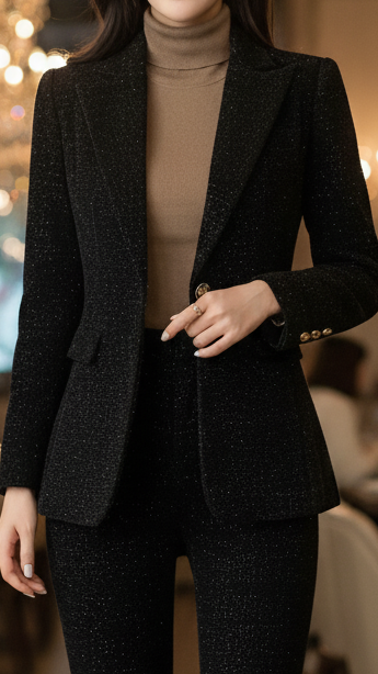 Lumina Vancouver Sienna Midnight double-breasted suit set featuring a stylish black blazer and matching trousers.