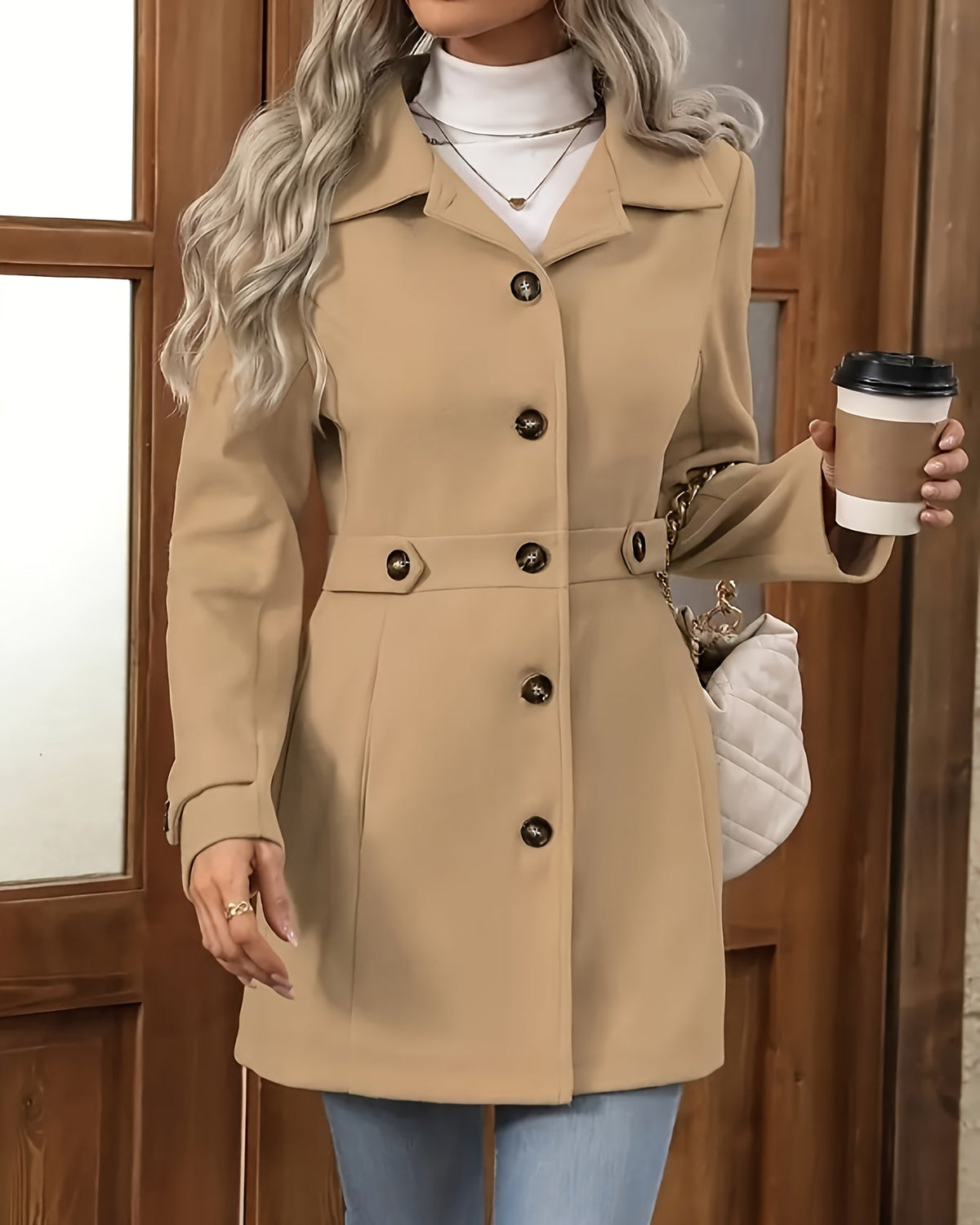 Apricot Sienna structured tailored winter coat with button front by Lumina Wear, designed for women's cold-weather style.