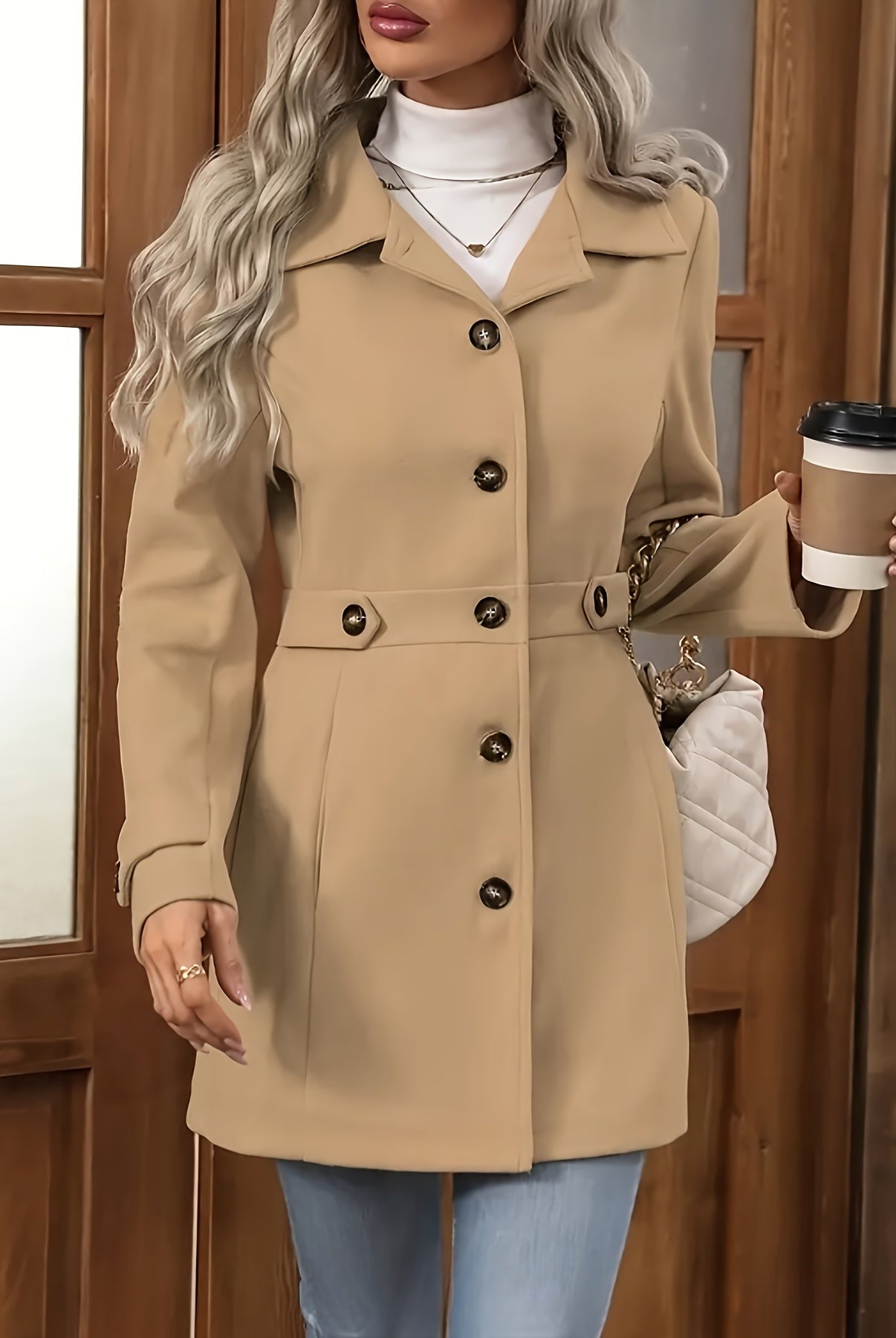 Apricot Sienna structured tailored winter coat with button front for women by Lumina Wear, featuring a sleek, fitted design.