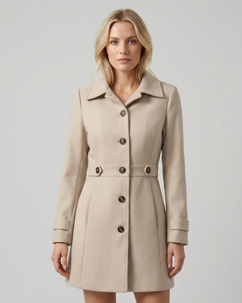 Sienna structured tailored winter coat with button front in apricot by Lumina Wear, stylish and warm for women.