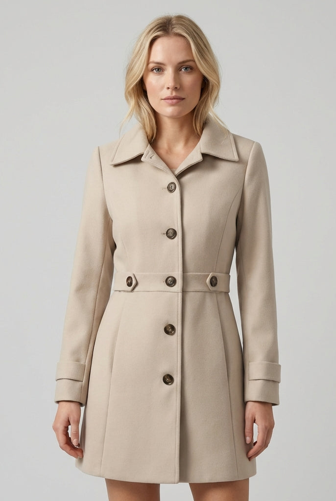 Apricot Sienna Lumina Wear women's structured tailored winter coat with button front, designed for a chic and warm winter look.