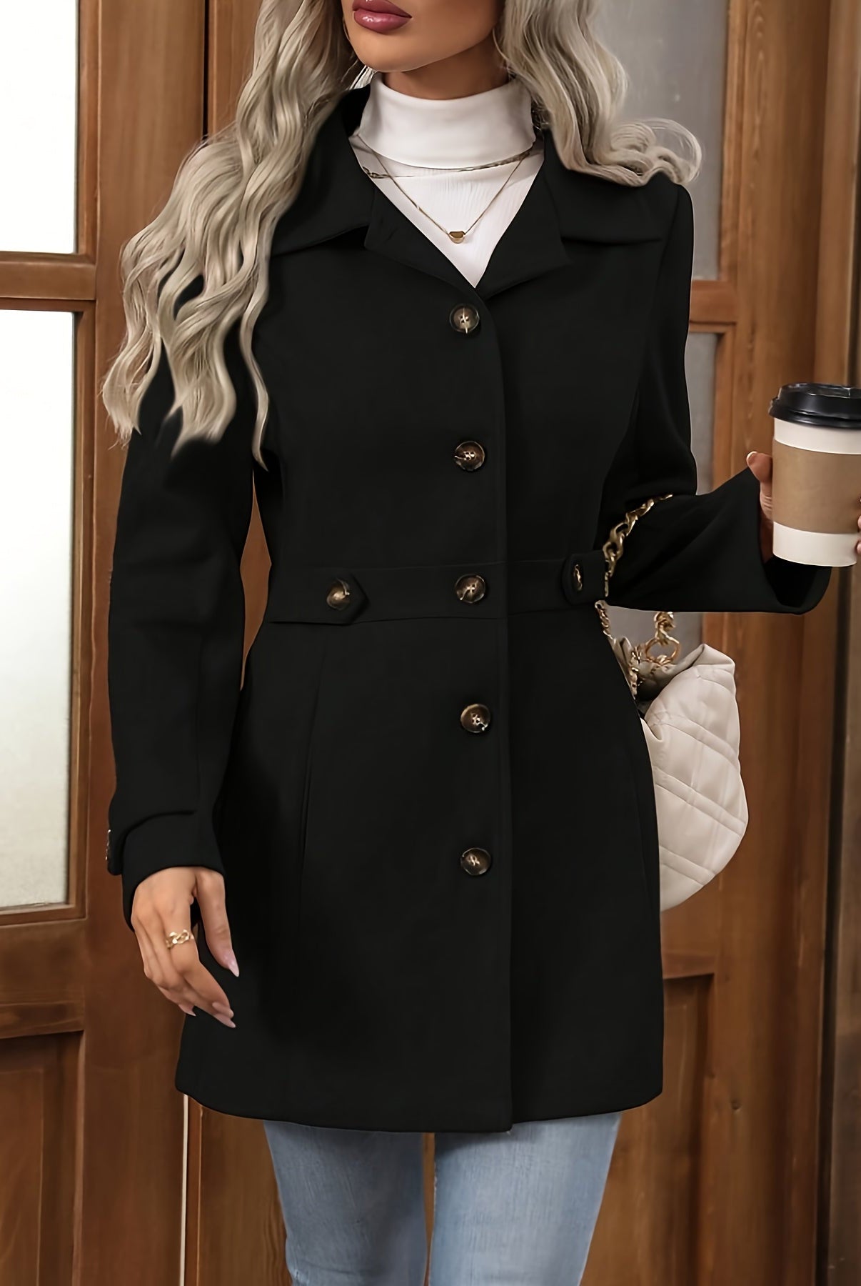 Apricot Sienna structured tailored winter coat with button front by Lumina Wear, designed for women, stylish and warm.