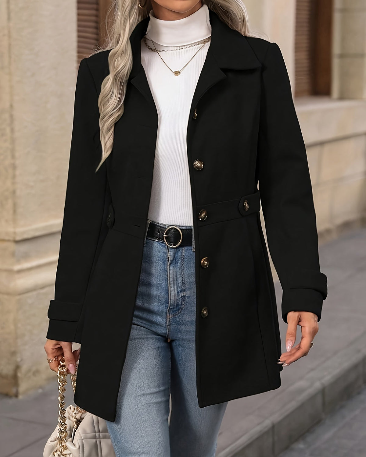 Apricot Sienna Lumina Wear structured tailored winter coat with button front, perfect for stylish cold-weather wear.