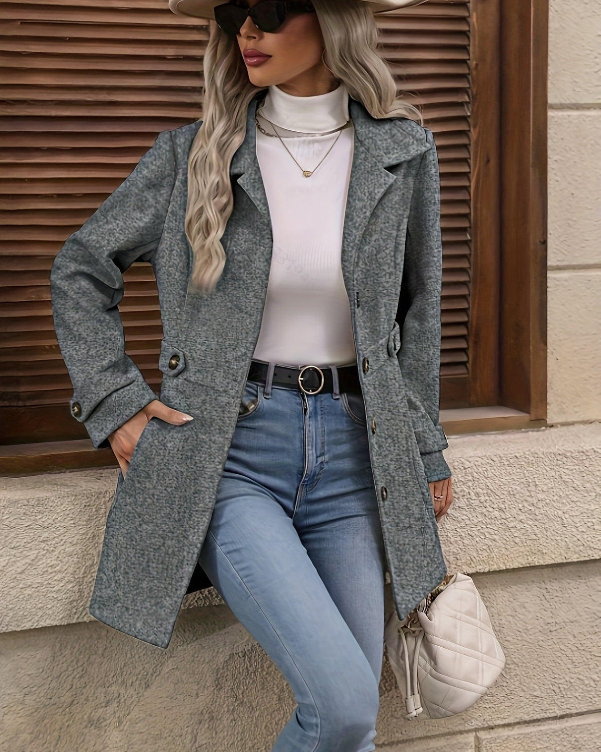 Apricot Sienna Lumina Wear structured tailored winter coat with button front, featuring a sleek, fitted design for women.