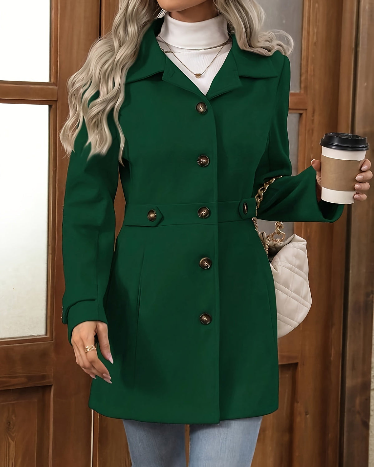 Apricot Sienna structured tailored winter coat with button front by Lumina Wear, full view of the stylish women's coat.
