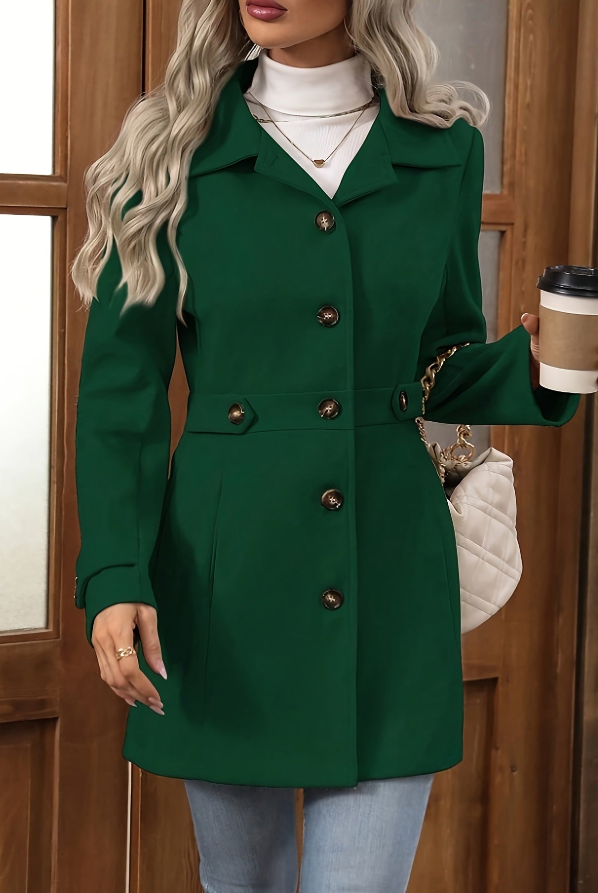 Apricot Sienna women's tailored winter coat with structured design and button front by Lumina Wear.