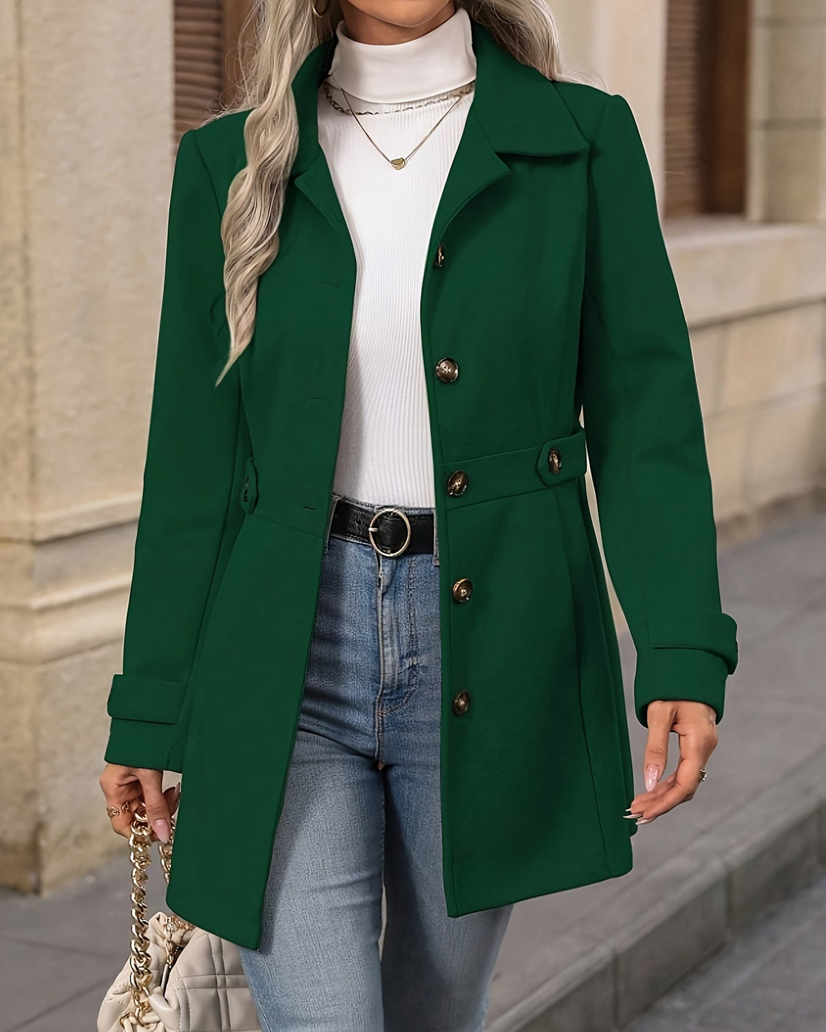 Apricot Sienna Lumina Wear structured tailored winter coat with button front, designed for women.
