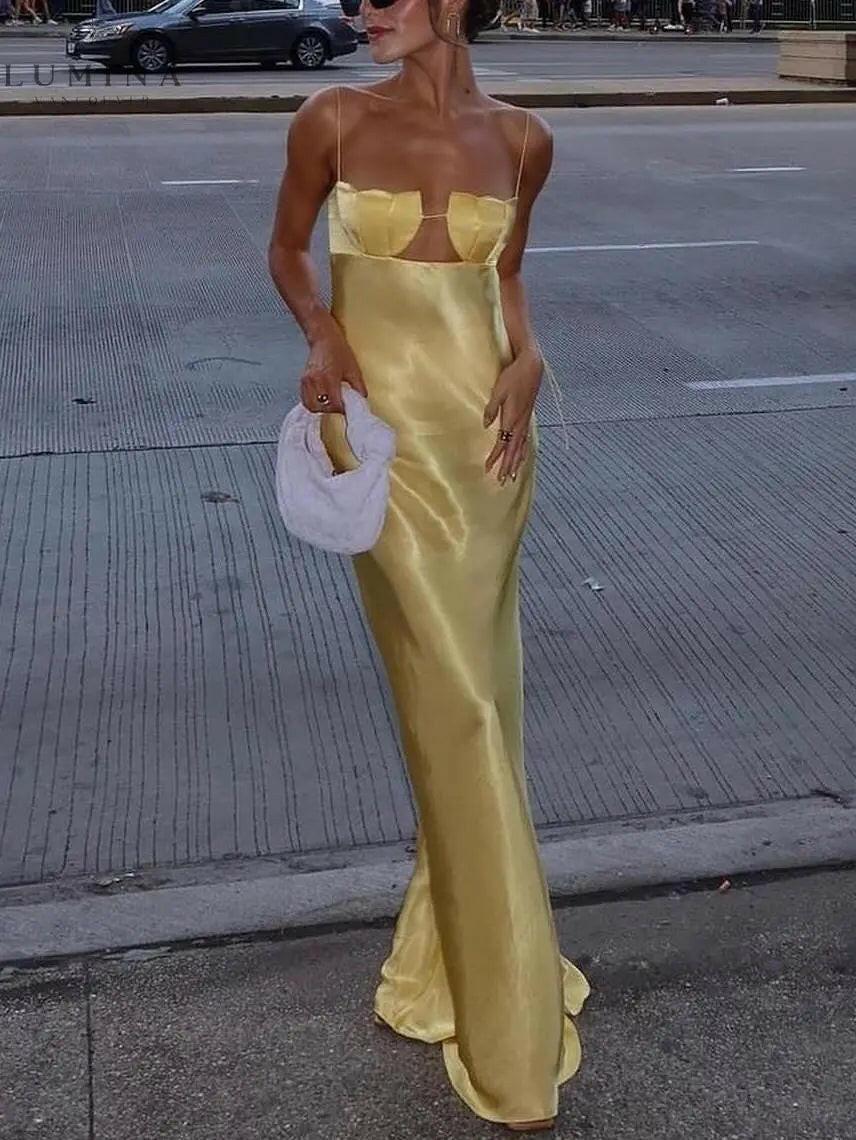 Sienna Ursule suspender maxi dress by Lumina Vancouver, elegant wedding guest dress with flowing fabric and adjustable straps.