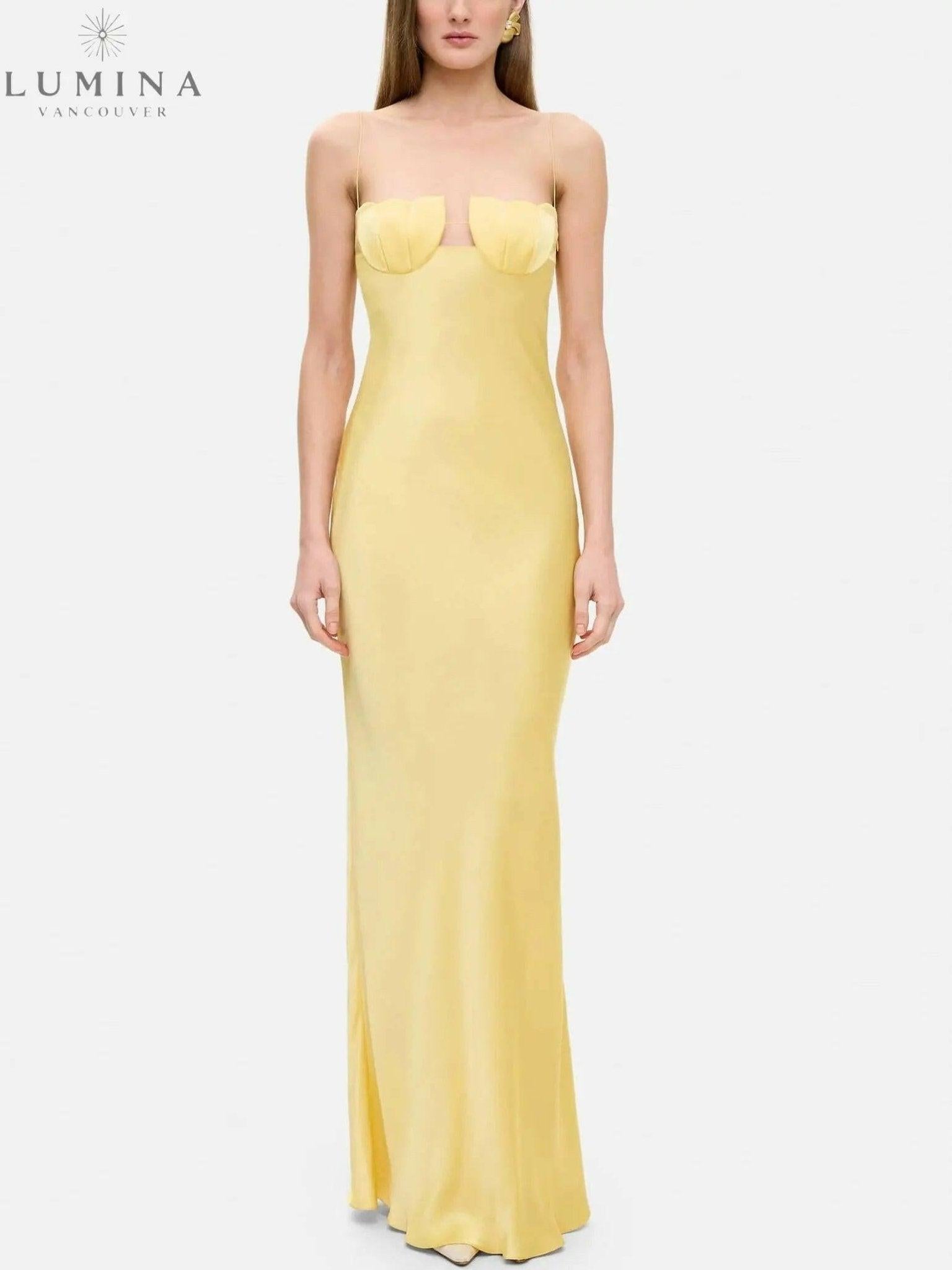 Sienna Ursule suspender maxi dress by Lumina Vancouver, elegant wedding guest dress with flowing fabric and adjustable straps.