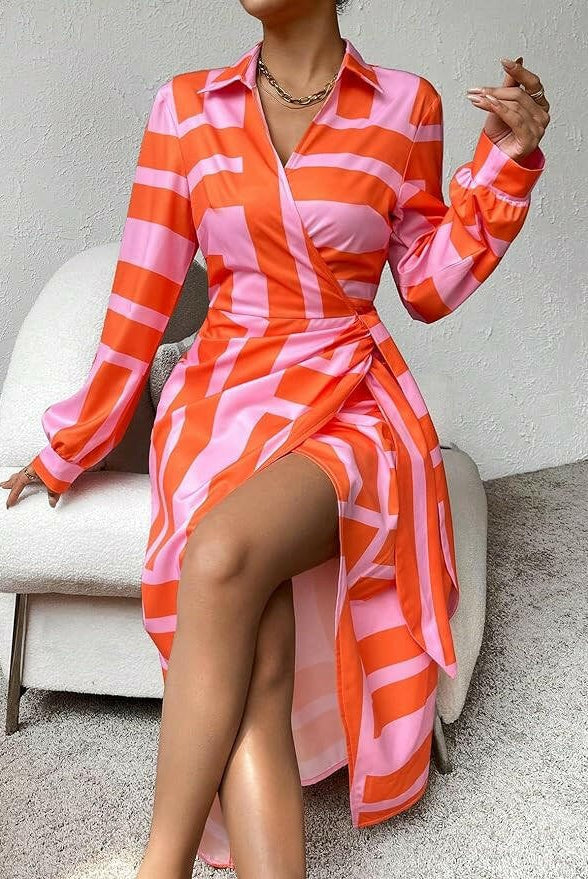Lumina Wear Solana printed wrap dress in orange and pink, stylish lightweight dress with a floral pattern on smooth fabric.
