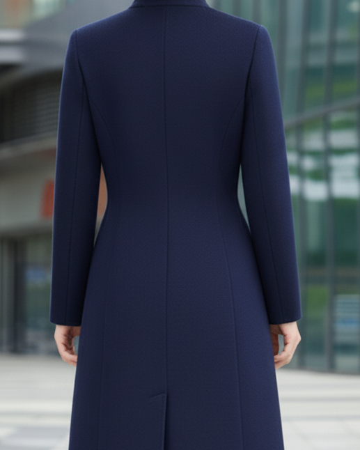 Navy blue Sophia Button Maxi Coat by Lumina Wear, shown on a model, featuring button details and a long, stylish coat silhouette.
