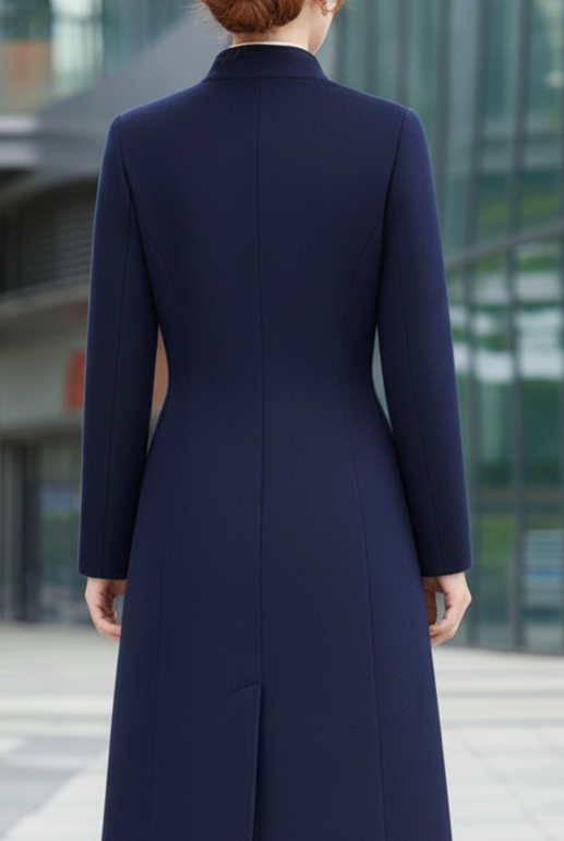 Navy blue Sophia Button Maxi Coat by Lumina Vancouver, shown in size XS, featuring a stylish, long coat with button details.