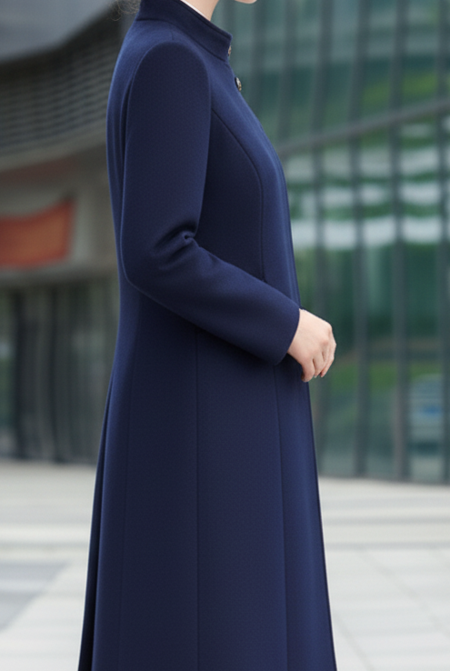 Navy blue Sophia Button Maxi Coat by Lumina Vancouver, shown in XS size, featuring a stylish button-up design and cozy fit.
