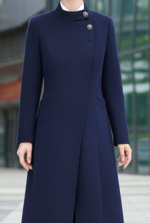 Navy blue Sophia Button Maxi Coat by Lumina Vancouver, shown in XS size, featuring a stylish button design and long length.