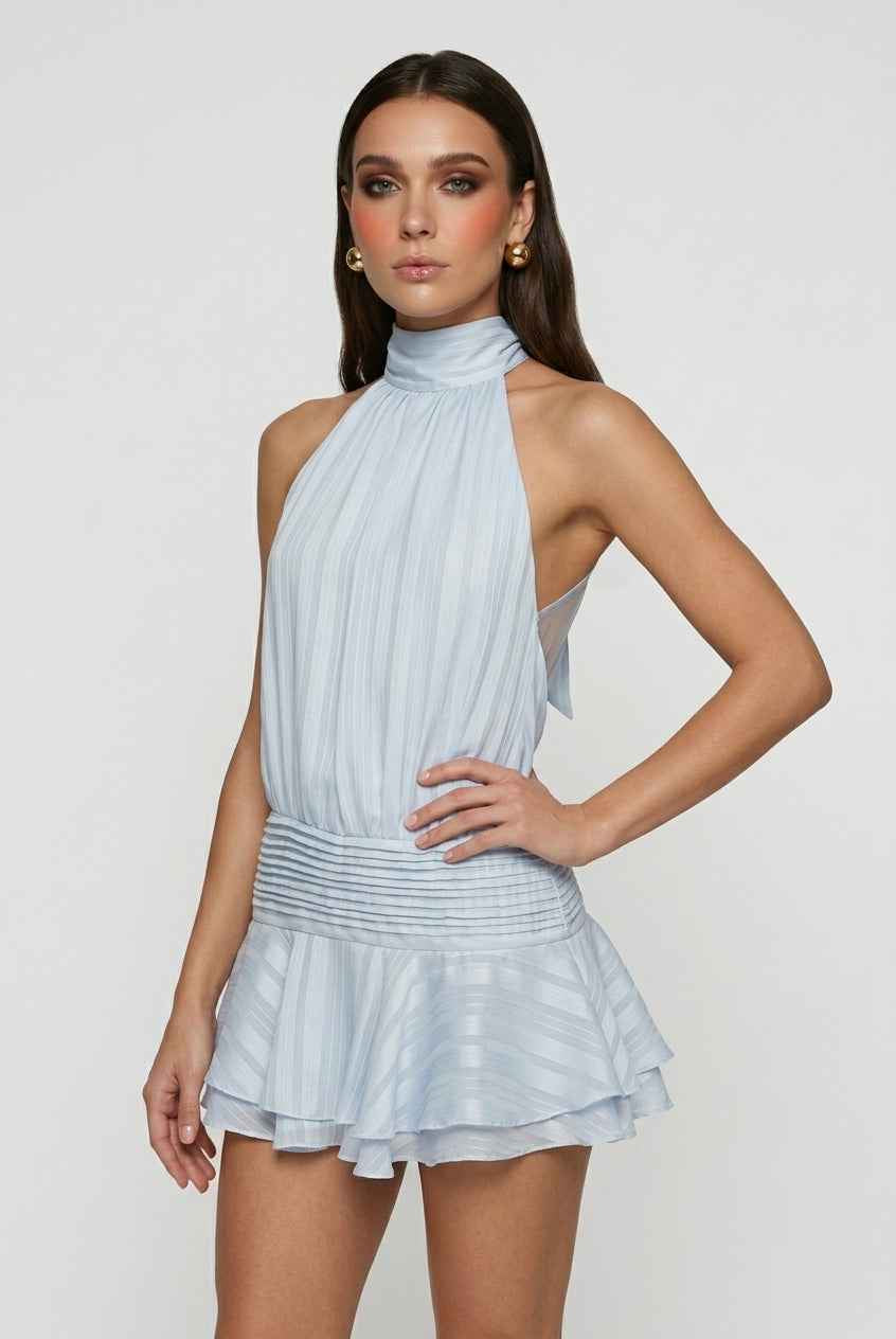 Sophia Lumina Wear chic blue mini dress with a flattering fit, casual style, shown on a model.
