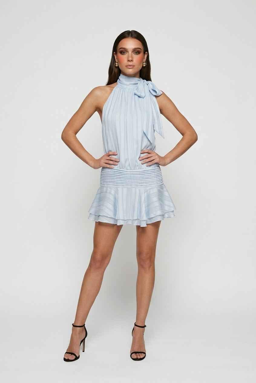 Sophia Lumina Wear chic blue mini dress with a flattering fit, perfect for casual occasions, displayed on a model.