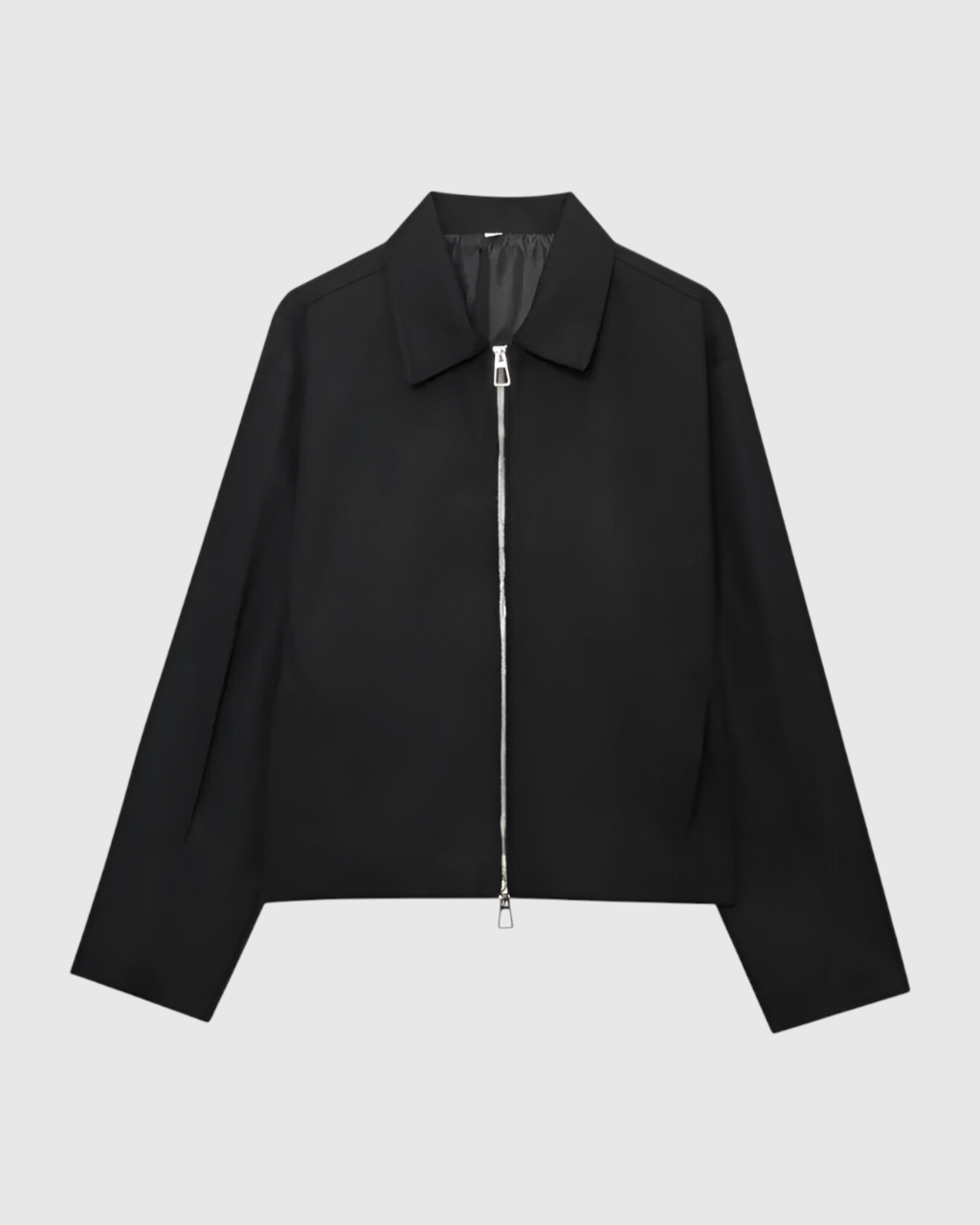Sophia Lumina Wear black casual bomber jacket with zipper closure, stylish and lightweight for everyday wear.
