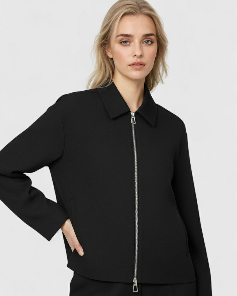 Sophia black casual bomber jacket by Lumina Wear with zipper closure, stylish lightweight design, and fitted silhouette.