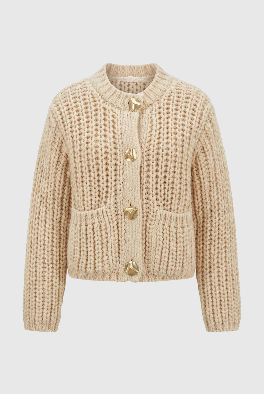 Sophia beige knit cardigan for women by Lumina Wear, featuring a cozy, relaxed fit and soft, textured fabric.