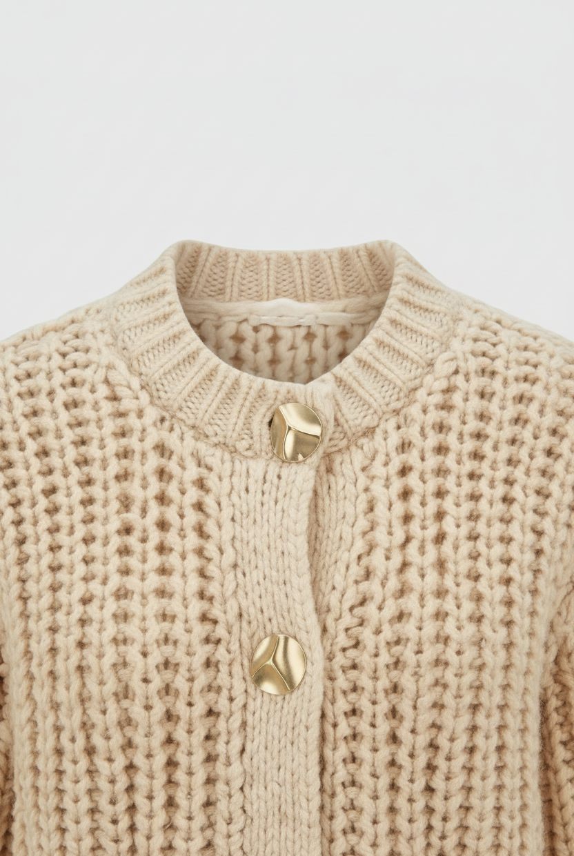 Light beige Lumina Wear Sophia women's knit cardigan with a relaxed fit, soft texture, perfect for casual and cozy styling.