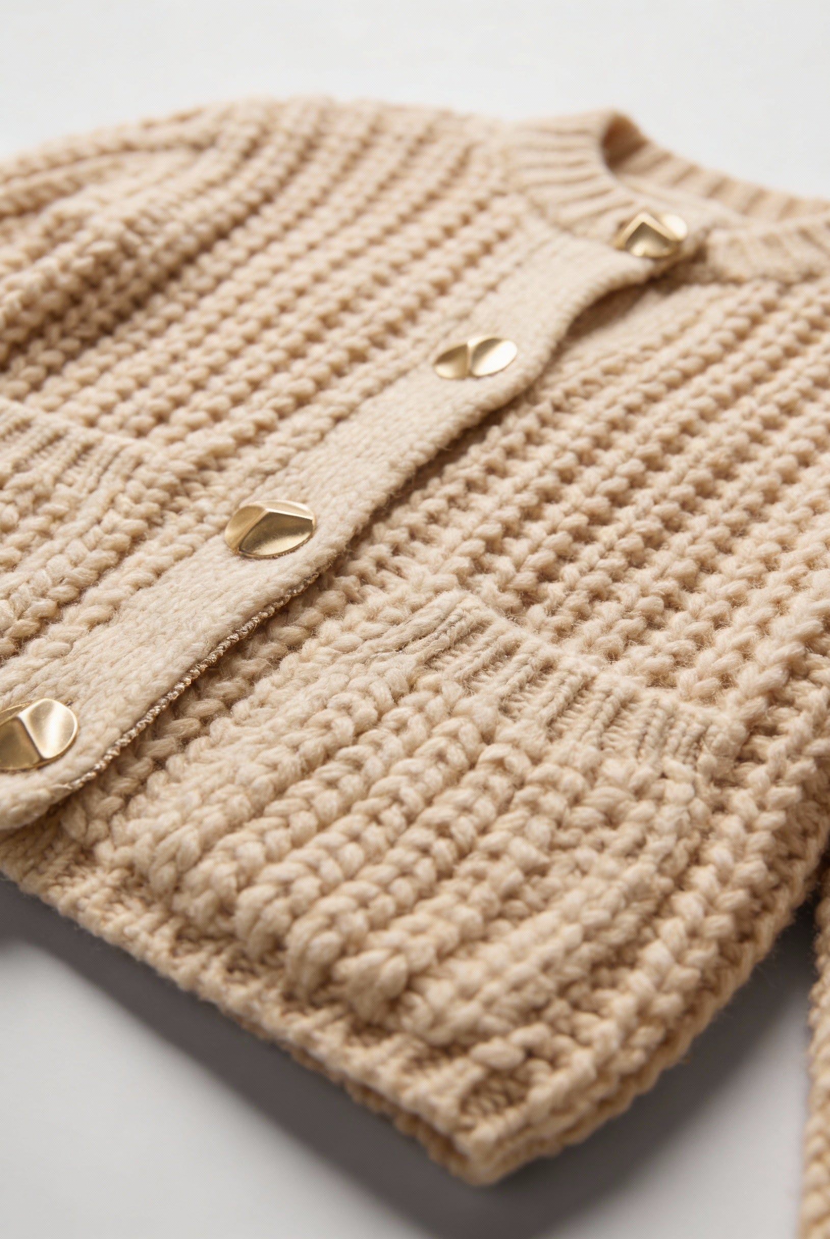 Lumina Wear Sophia beige knit cardigan for women, relaxed fit, cozy and stylish, displayed on a model.