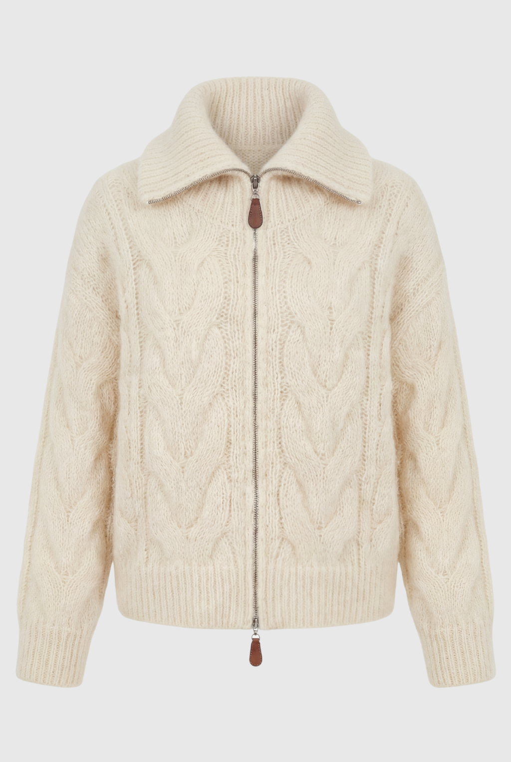 Sophia beige long cardigan sweater with zipper detail by Lumina Wear, featuring a cozy fit and stylish design.