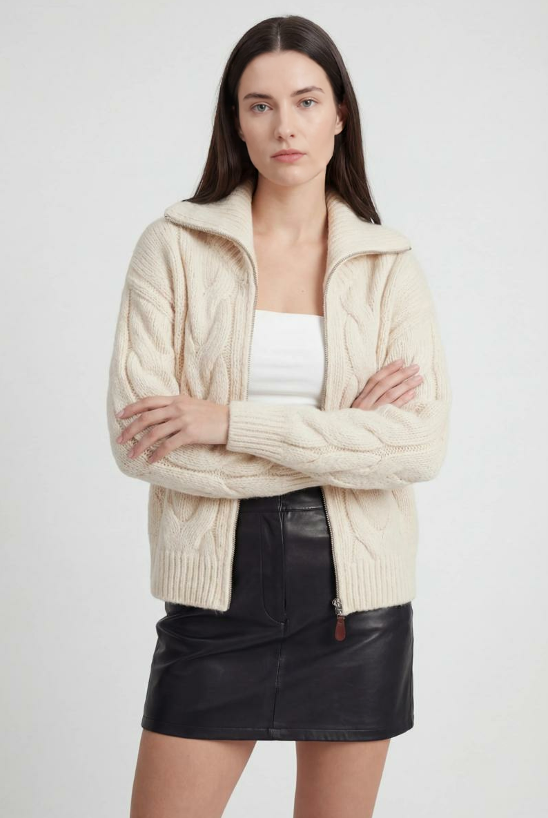 Cozy beige long cardigan sweater with zipper detail by Lumina Wear, displayed on a hanger.