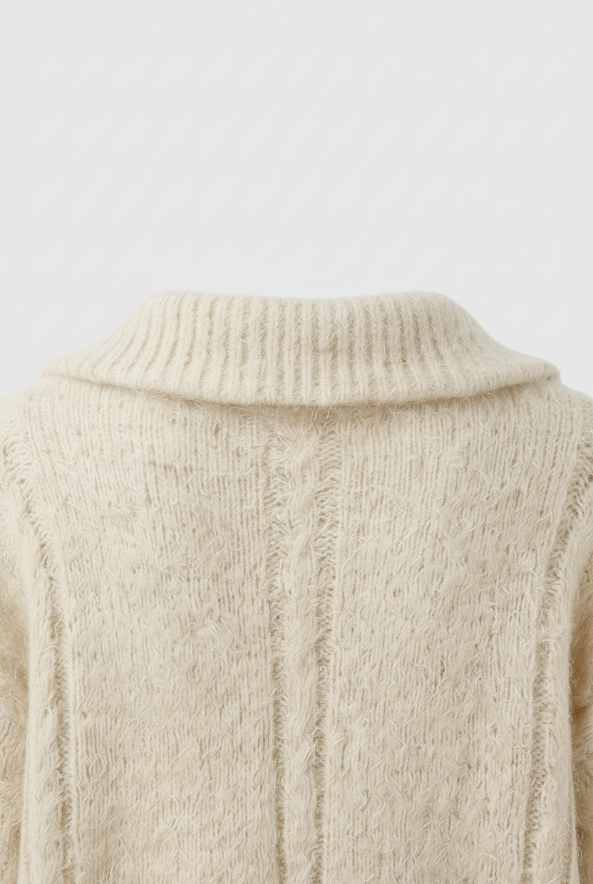 Cozy beige long cardigan sweater with zipper detail by Lumina Wear, styled with a relaxed fit and comfortable design.