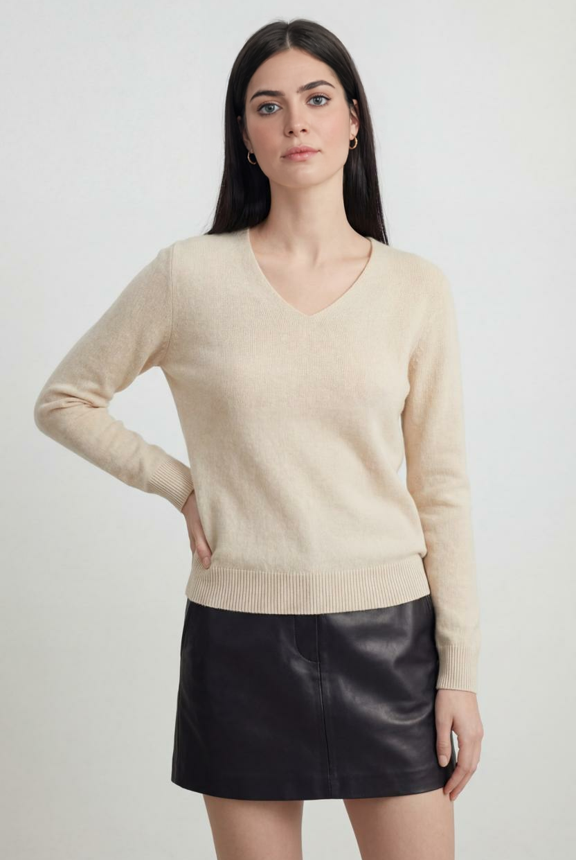 Beige Sophia women's V-neck sweater by Lumina Wear, cozy fit, soft knit, perfect for casual or office wear.