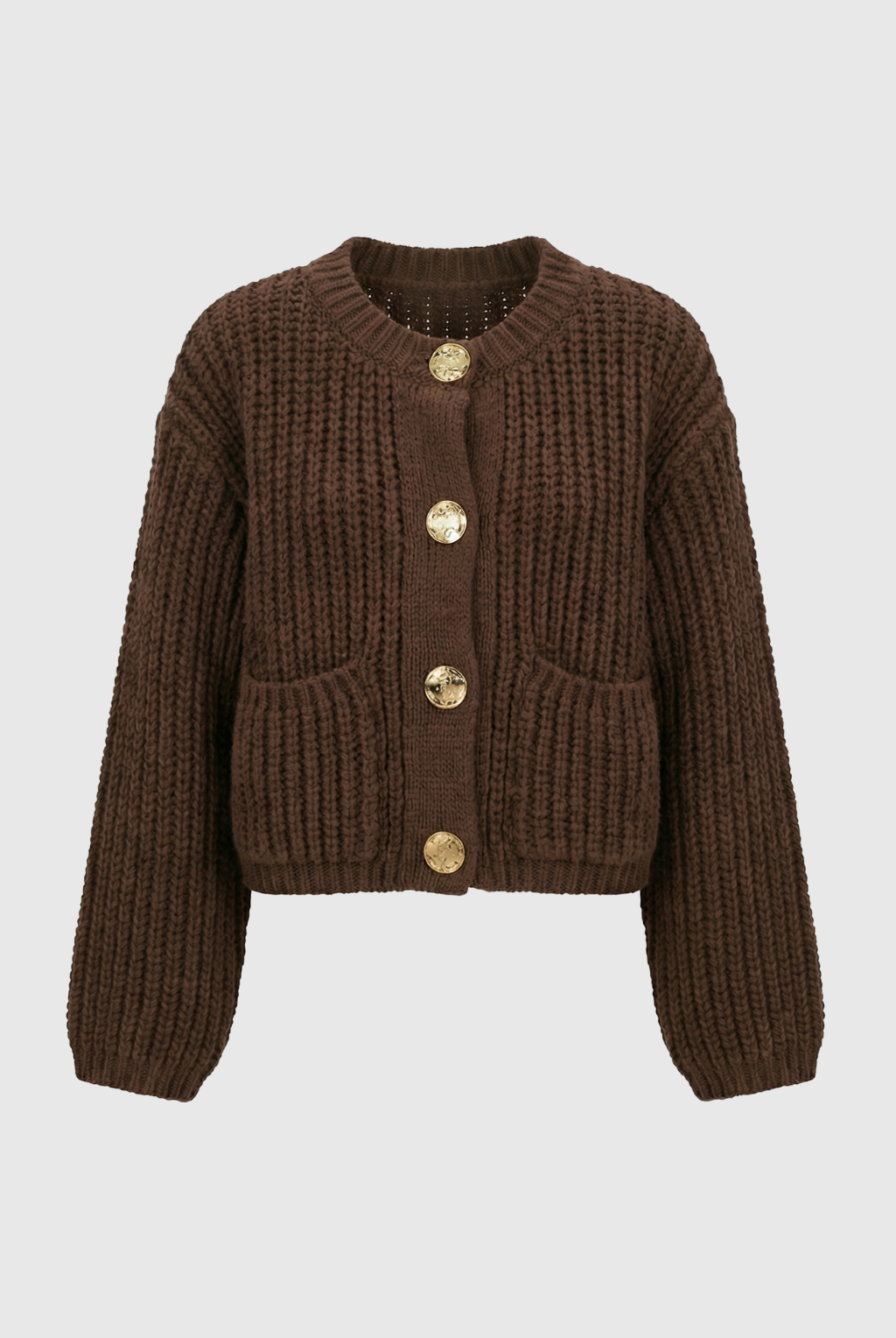 Cozy brown knit cardigan from Lumina Wear, relaxed fit sweater with button details, perfect for casual layered styling.