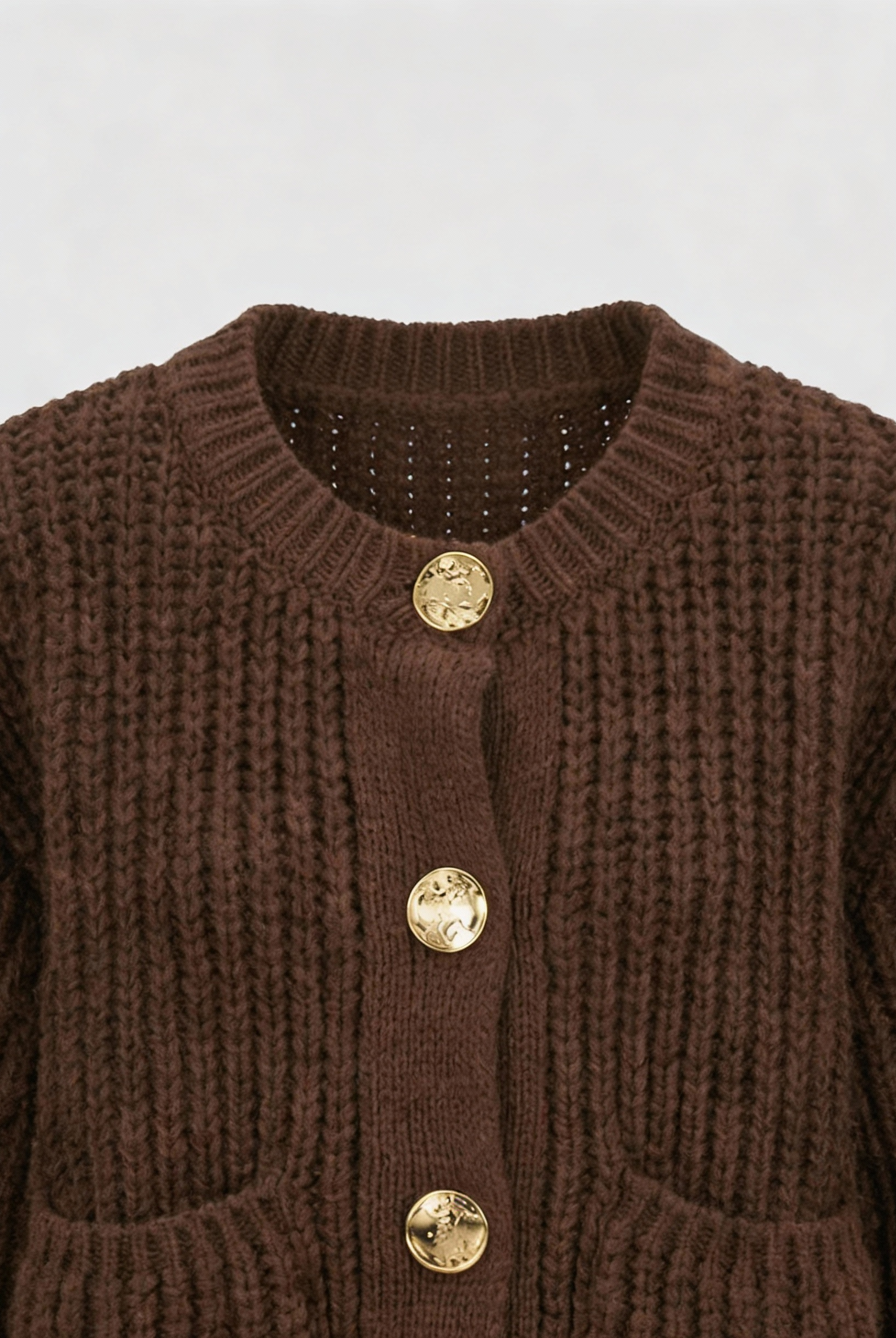 Sophia cozy brown knit cardigan by Lumina Wear featuring a relaxed fit, long sleeves, and soft textured fabric.
