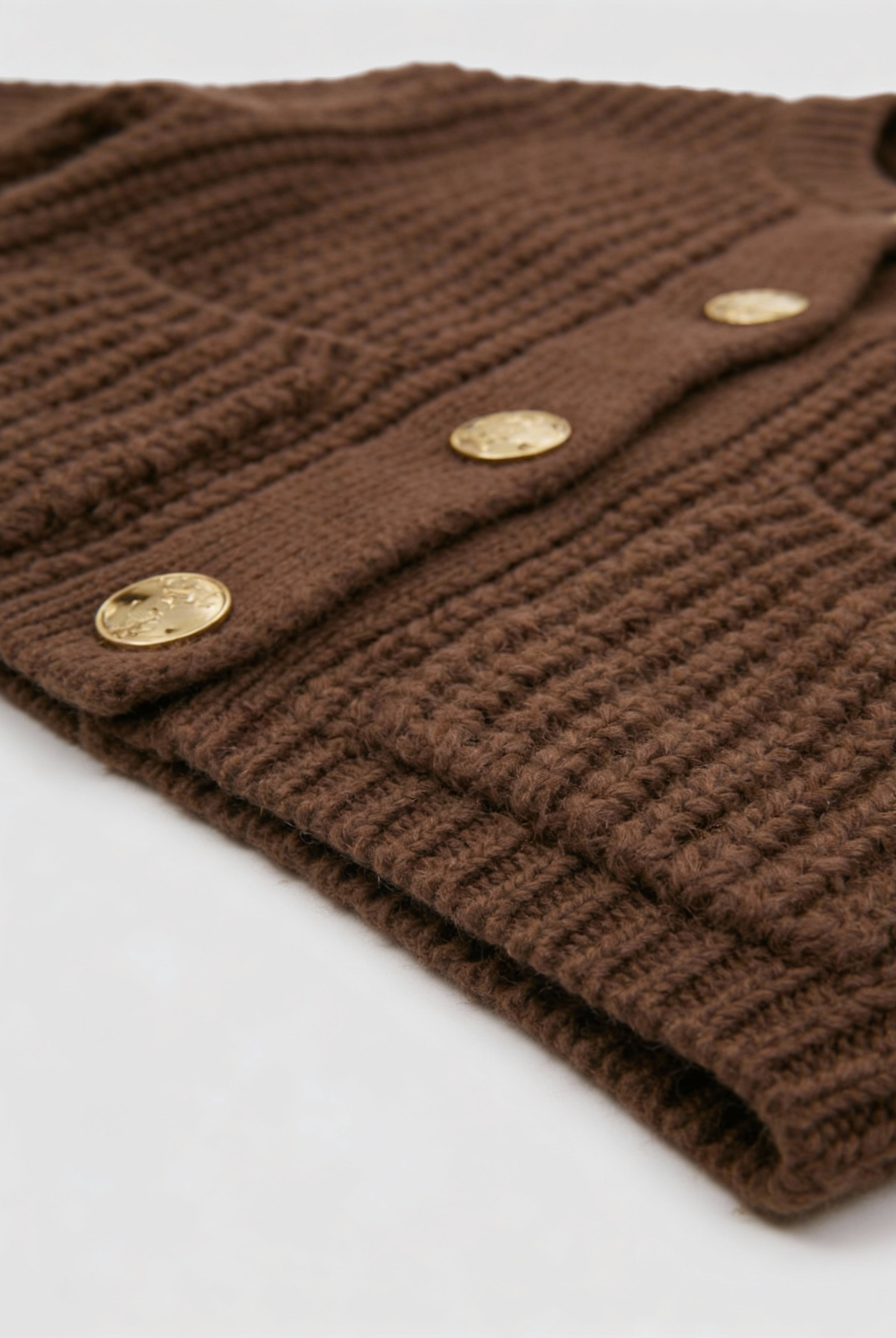 Sophia cozy brown knit cardigan from Lumina Wear, relaxed fit sweater with soft, textured knit fabric.