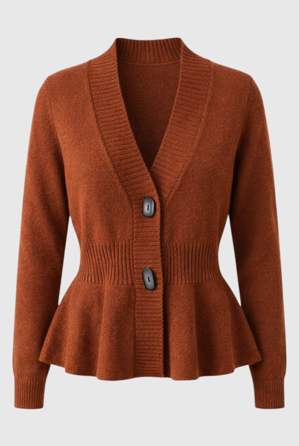 Sophia Lumina Wear cozy brown long cardigan with relaxed fit, soft knit sweater perfect for casual layering.