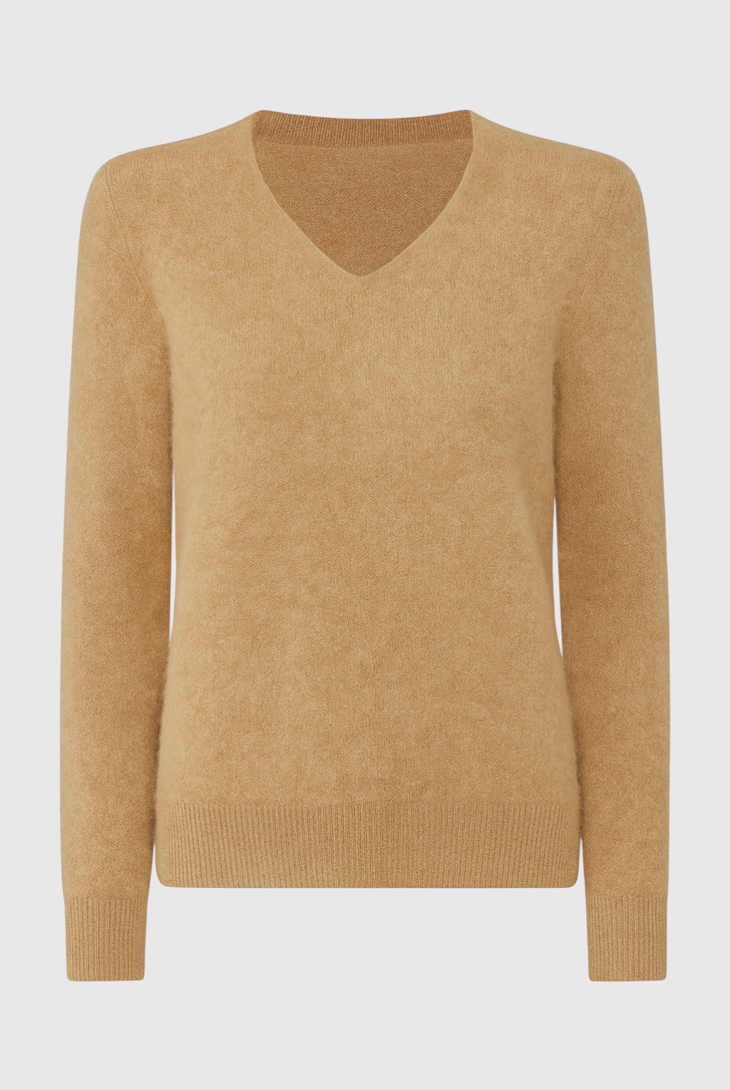 Sophia Lumina Wear cozy brown V-neck sweater with flattering fit, shown on a model, perfect for casual and stylish fall outfits.