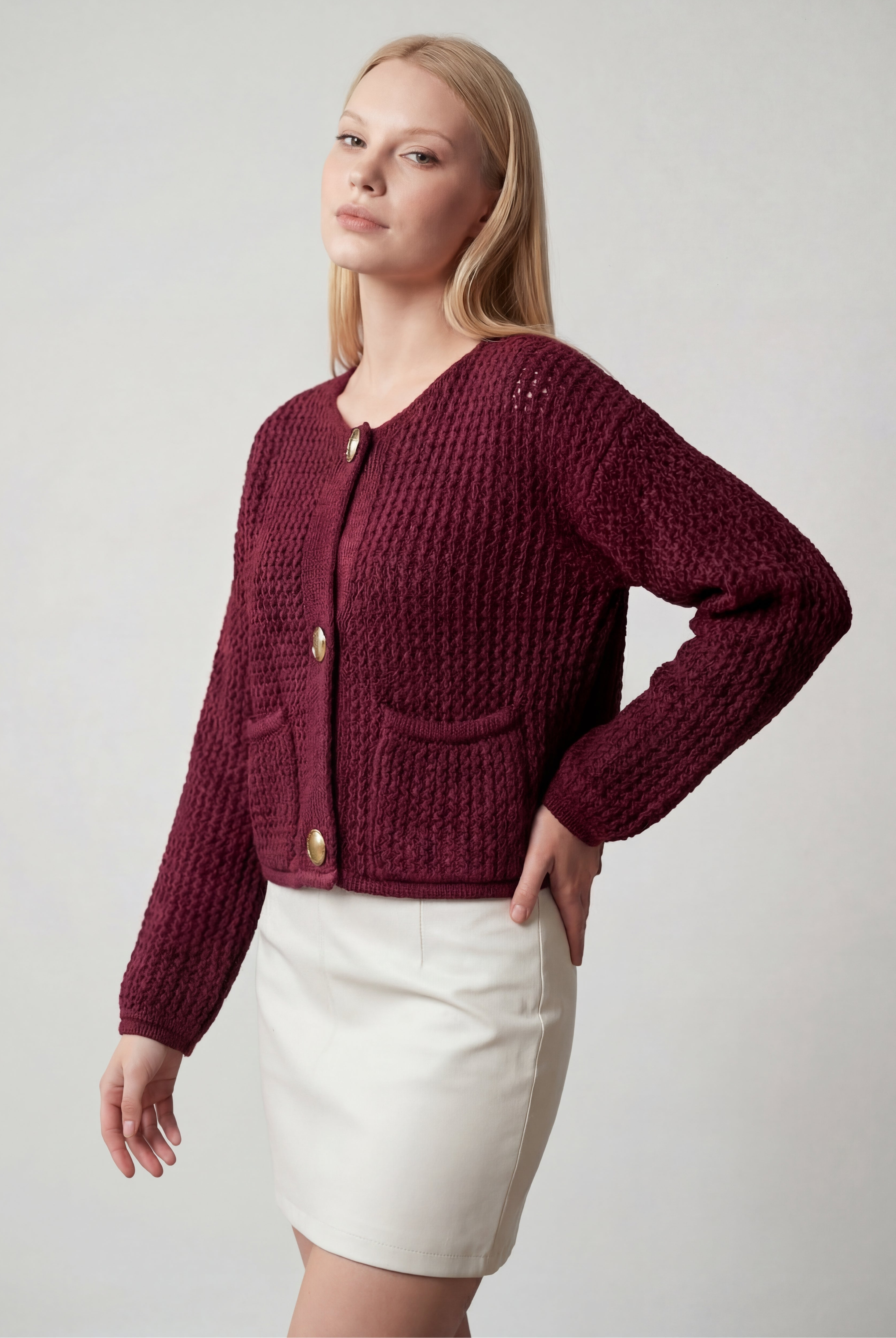 Sophia Burgundy Knit Cardigan Sweater by Lumina Wear featuring ribbed details, cozy fit, perfect for women's casual layering.