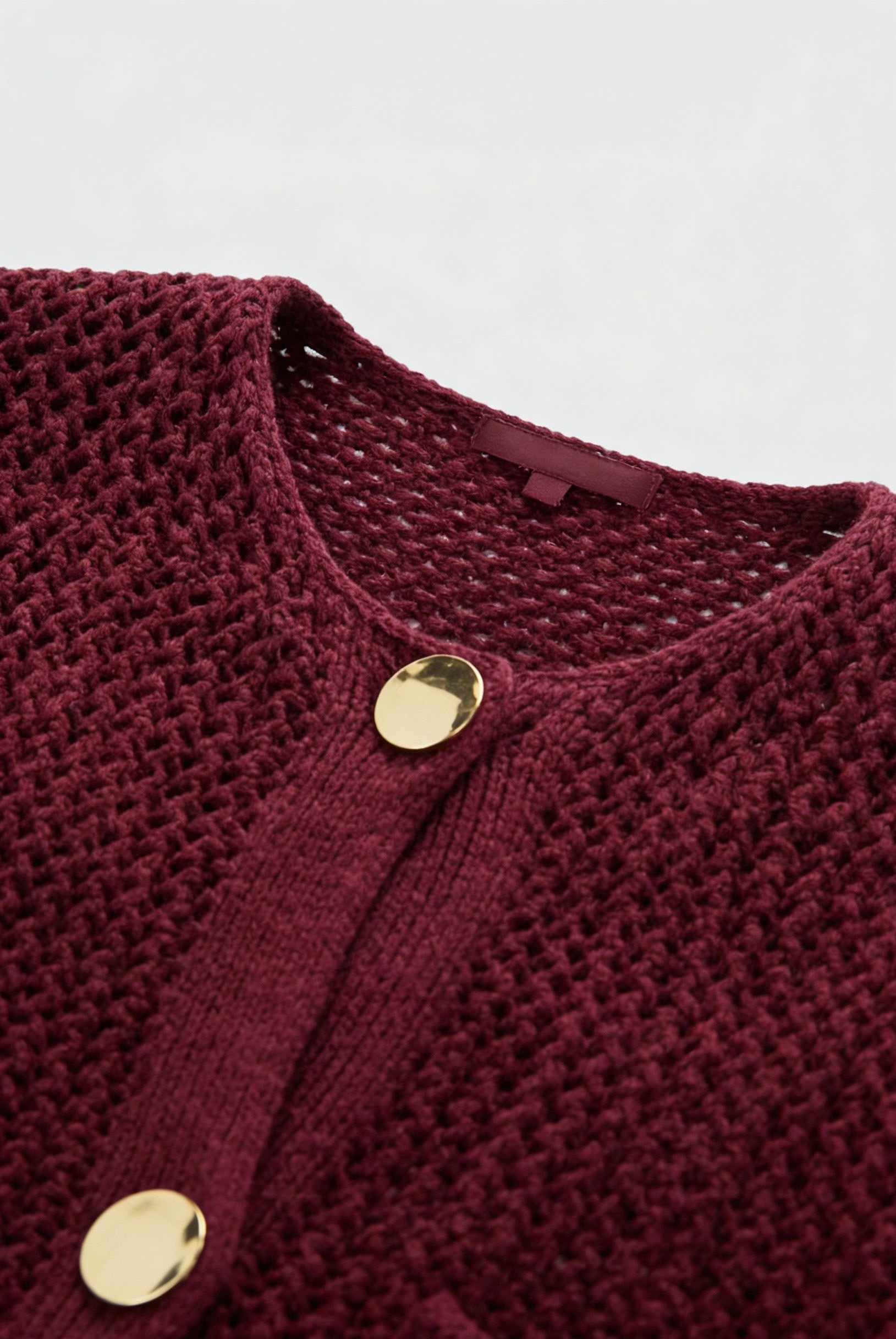 Sophia burgundy knit cardigan sweater with ribbed details from Lumina Wear, women's cozy knit cardigan with long sleeves and front pocket.