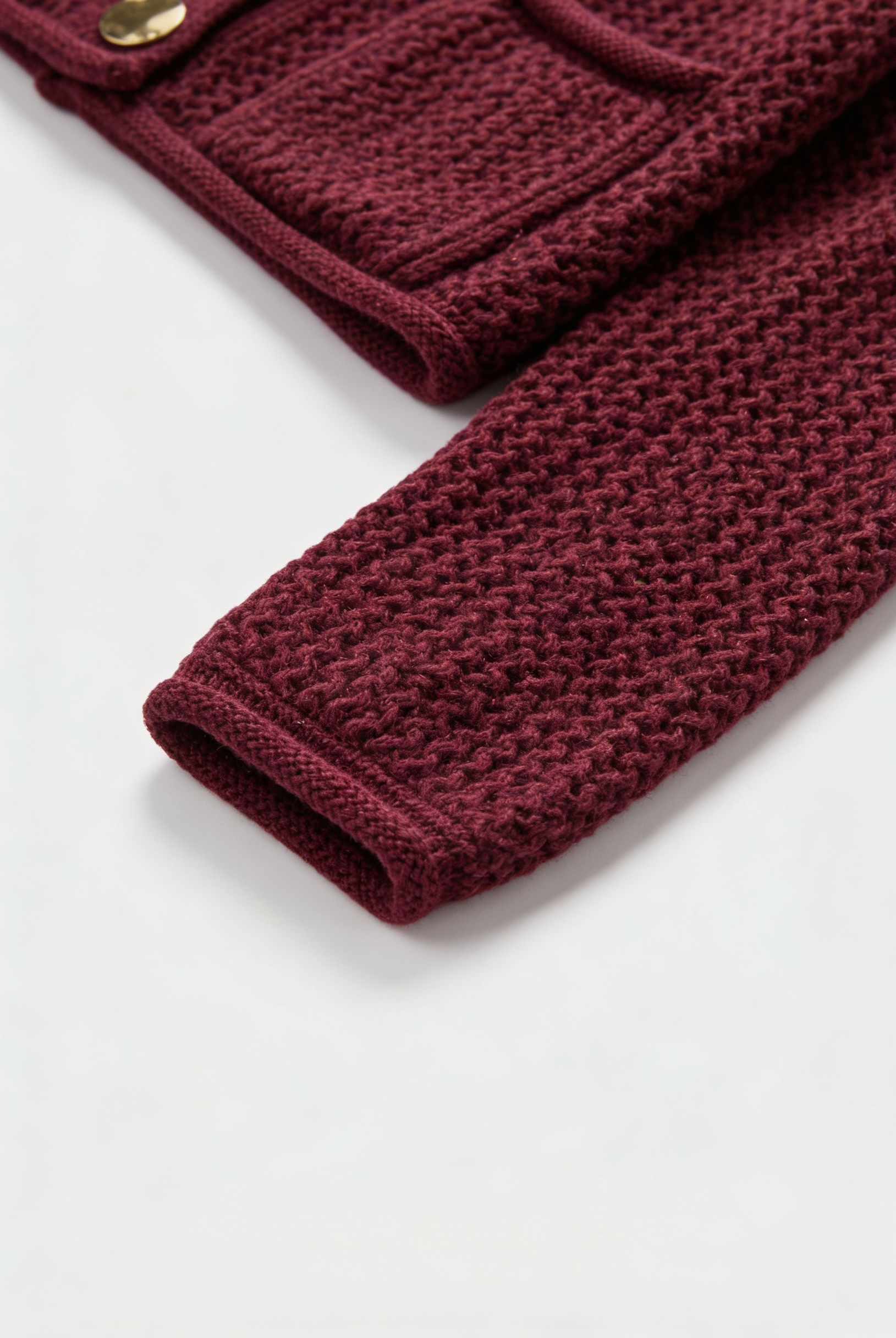 Sophia burgundy knit cardigan sweater with ribbed details, women's Lumina Wear cozy cardigan, front view showing soft fabric and fit