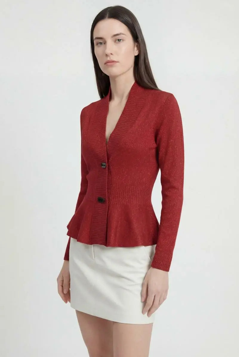 Sophia Lumina Burgundy long cardigan sweater with relaxed fit, cozy knit, and open front, ideal for casual layered looks.