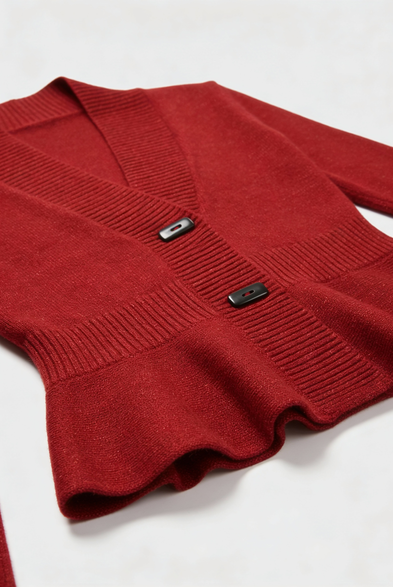 Sophia Lumina Burgundy long cardigan sweater with relaxed fit, cozy knit, and open front, styled on a model.