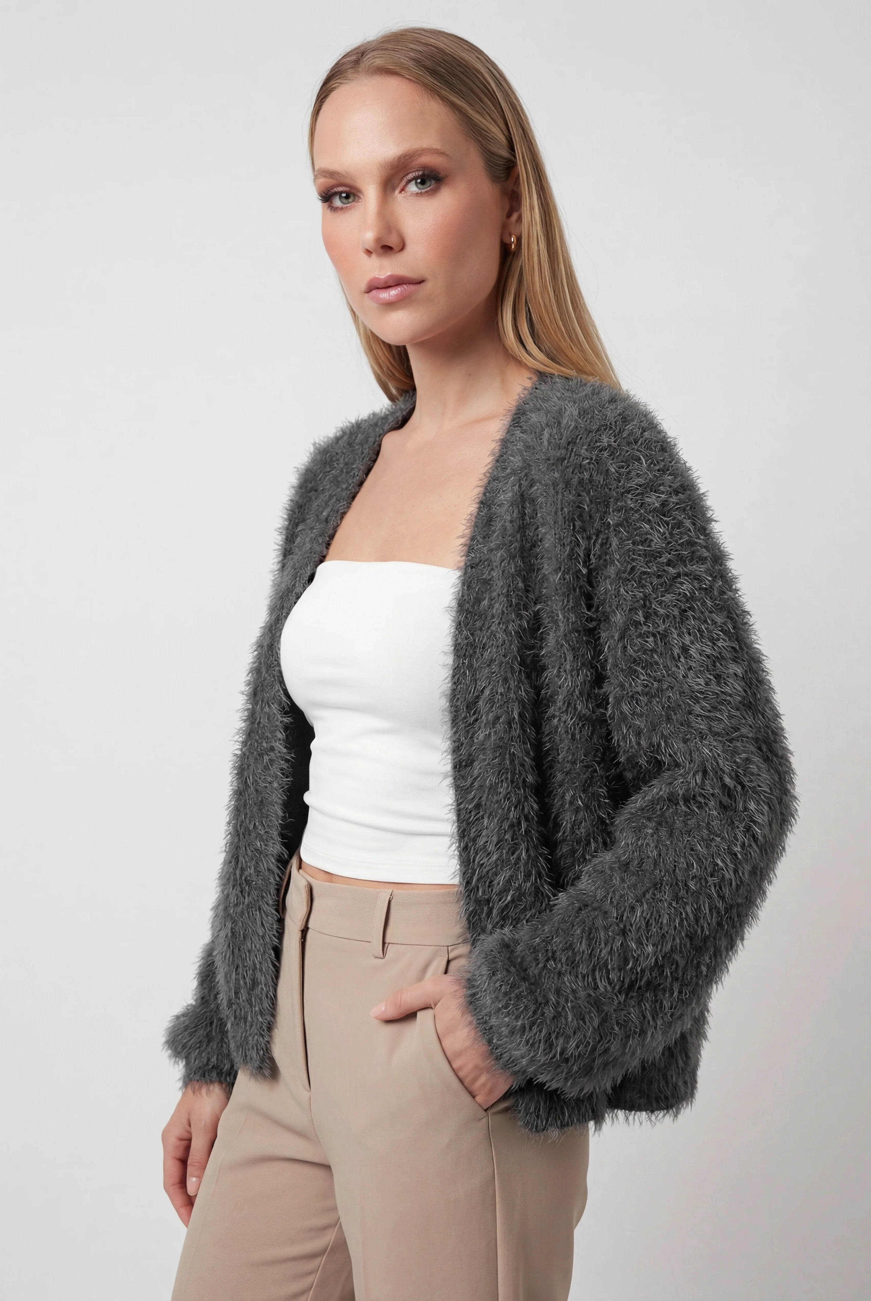Dark gray Sophia cardigan by Lumina Wear, cozy relaxed-fit sweater with soft knit texture and casual style.