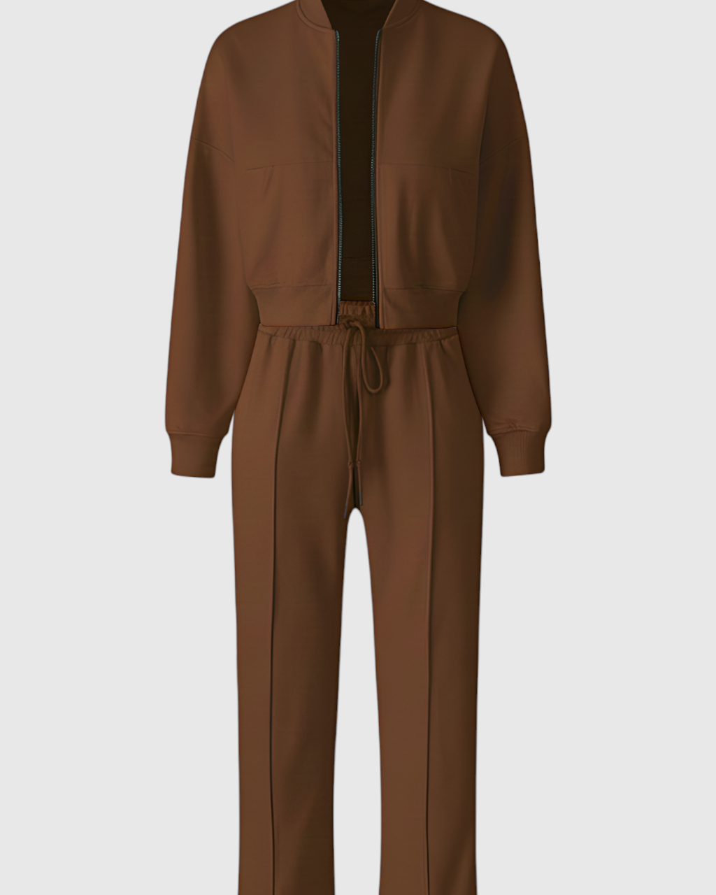 Lumina Wear Sophia cozy high waist sweatpants and sweatshirt set with zipper detail, in brown, perfect for casual activewear.