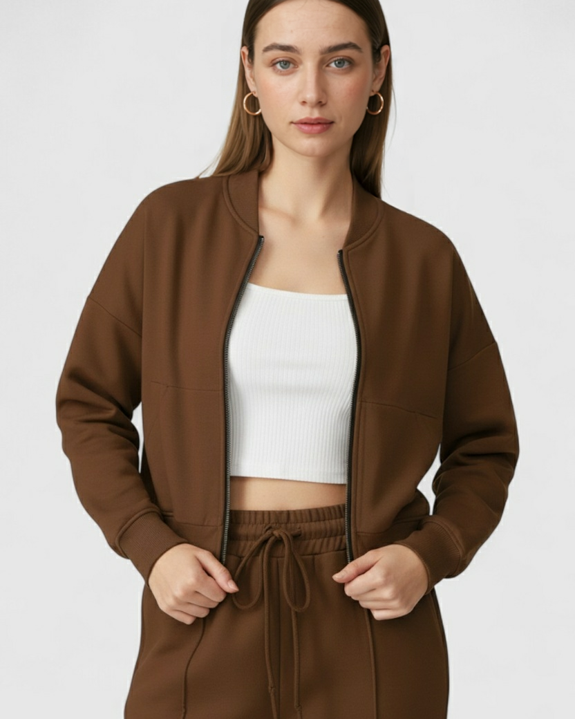 Lumina Wear Sophia cozy high waist sweatpants and sweatshirt set with zipper detail in brown, casual activewear for women.