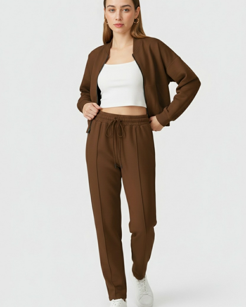 Lumina Wear Sophia cozy high waist sweatpants and sweatshirt set with zipper detail in brown, casual activewear for women.