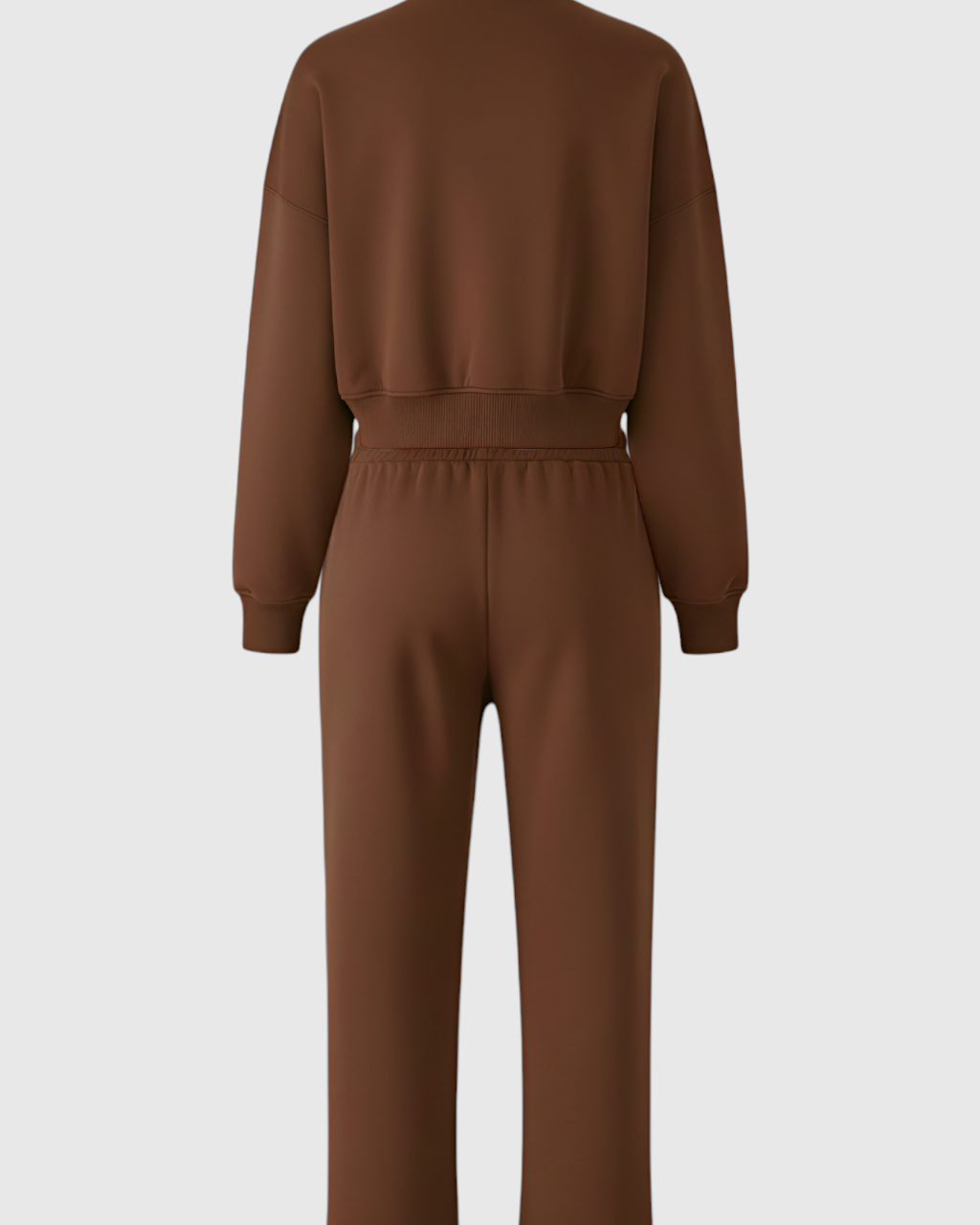 Sophia Lumina Wear cozy high waist sweatpants and sweatshirt set with zipper detail in brown, casual activewear ensemble.