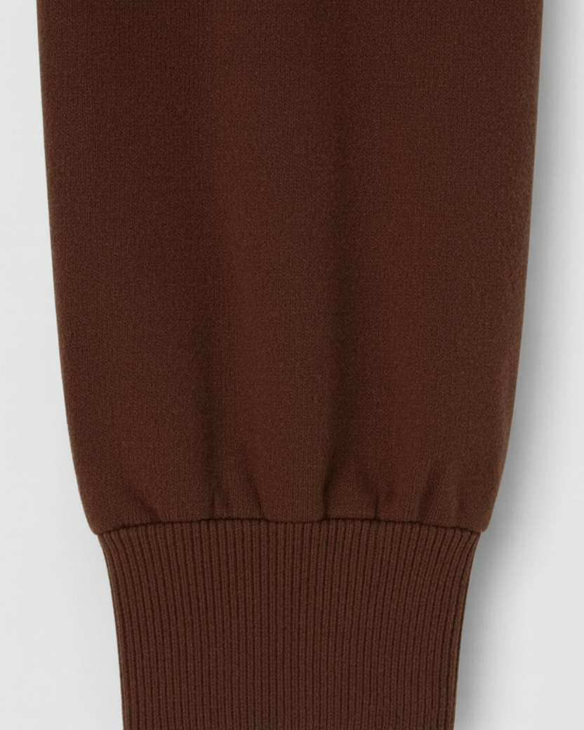 Lumina Wear Sophia cozy high waist sweatpants and sweatshirt set with zipper detail in brown, casual activewear ensemble.